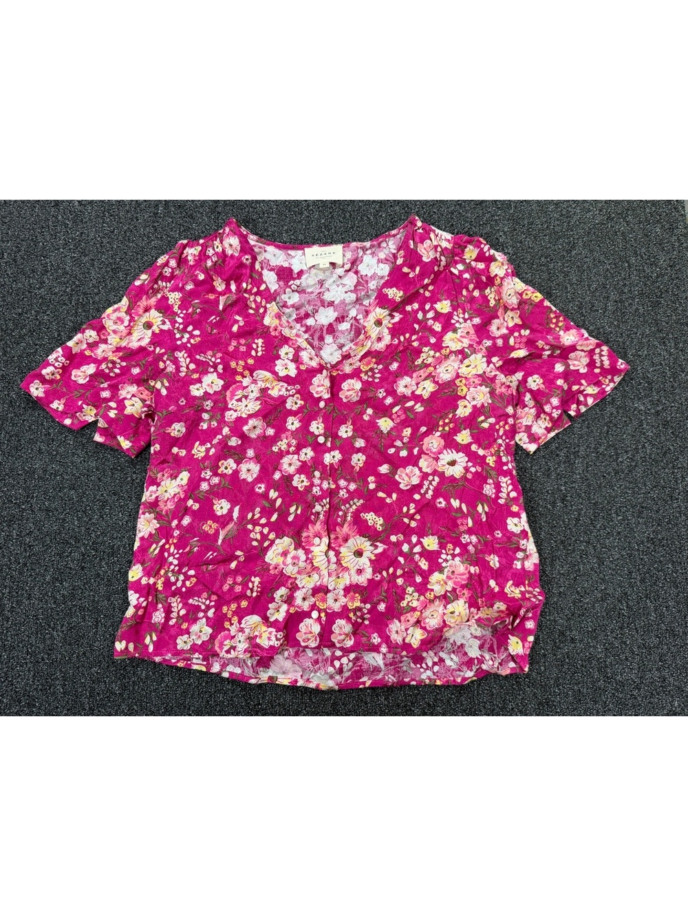 Sézane Women's Floral Pink V-Neck Button-Up Blouse Size 40
